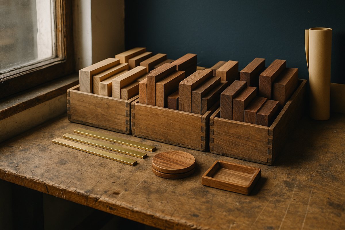 Sorted hardwood and brass offcuts in shallow crates on a Woodstock workbench